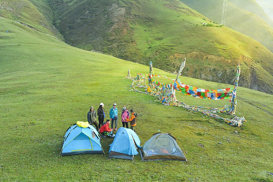 camping, grass, day, plant, mountain, nature, green color, group of people HD wallpaper