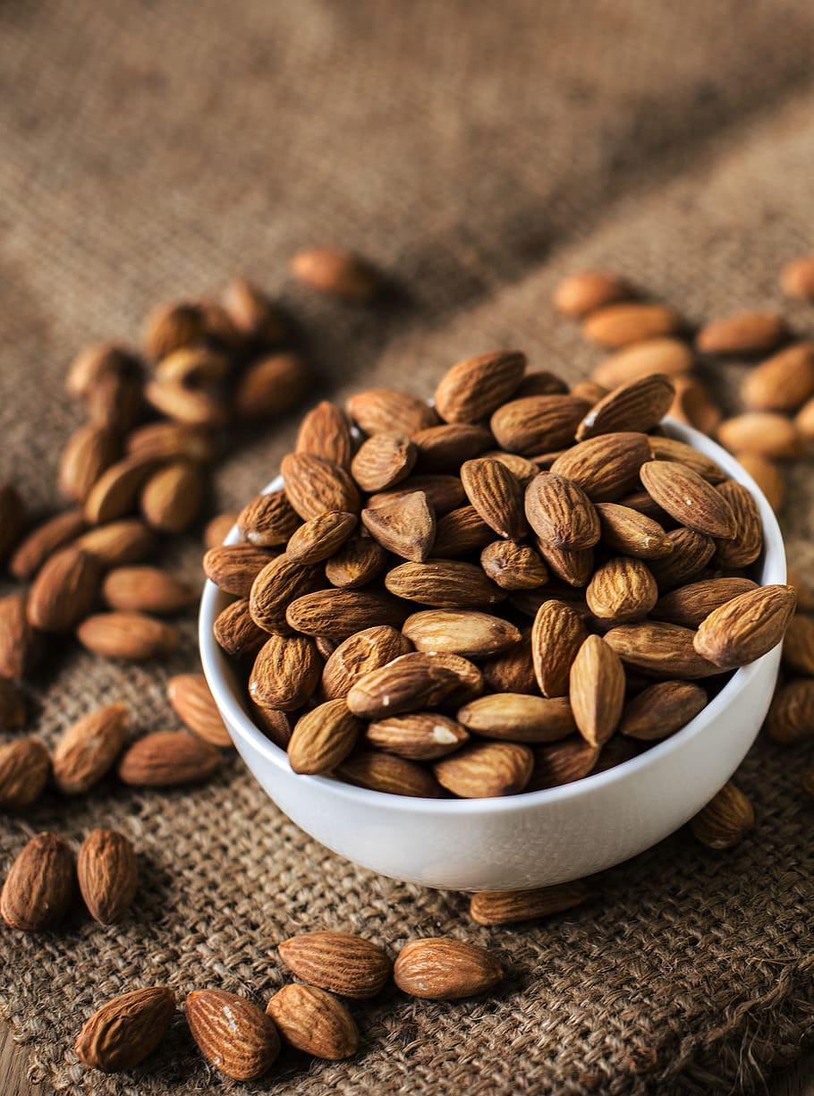 almond, bowl, brown, burlap, closeup, edible, food, food photography, HD wallpaper