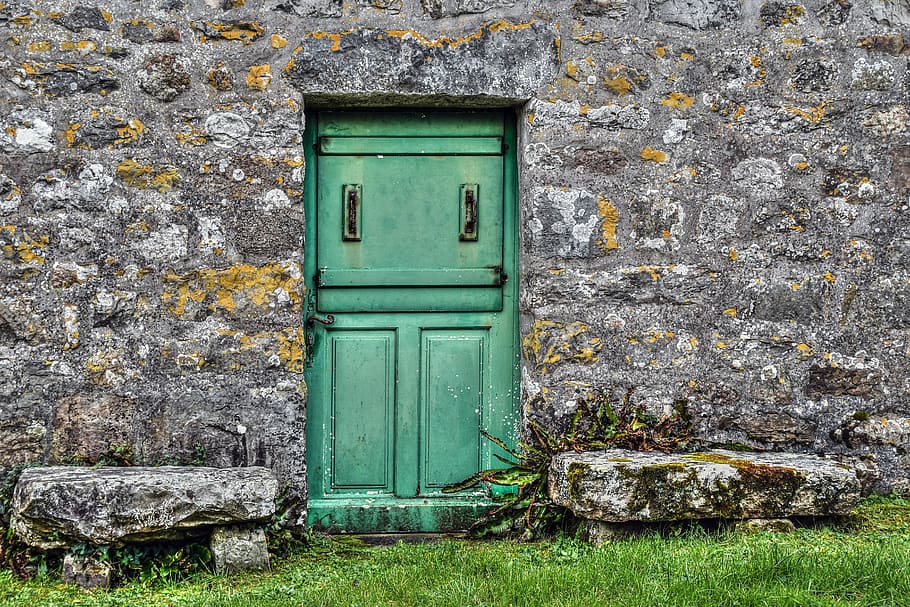 door, green, old, pierre, entry, former, old door, built structure HD wallpaper