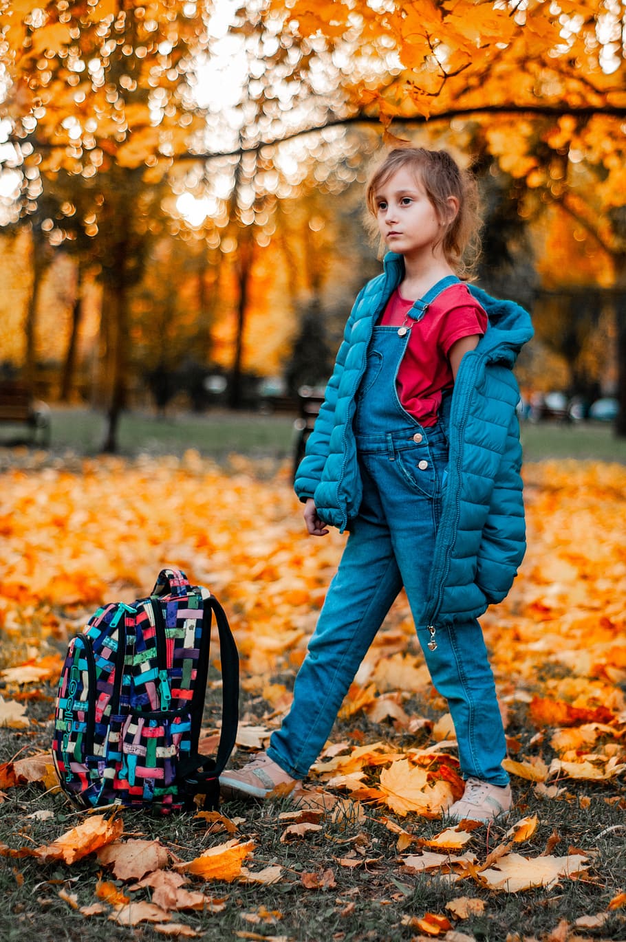 autumn, girl, the apprentice, backpack, model, leaves, nature HD wallpaper