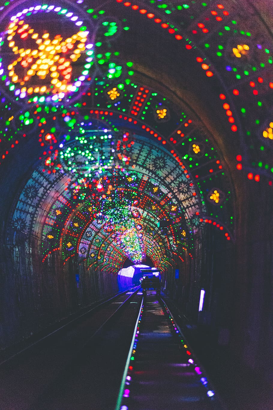 train railway surrounded by string lights, tunnel, south korea HD wallpaper