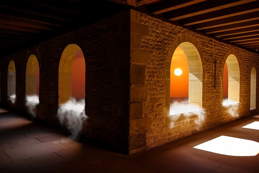 window, opening, sun, sunset, afterglow, fog, gang, away, castle HD wallpaper