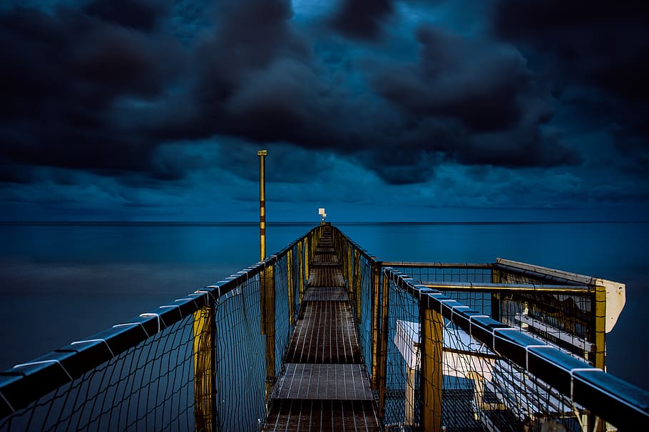 photo of bridge with fence, sky, pier, jetty, sea, cloud, cloudy, HD wallpaper