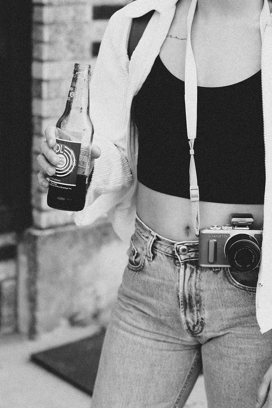grayscale photography of woman holding product bottle, human, HD wallpaper