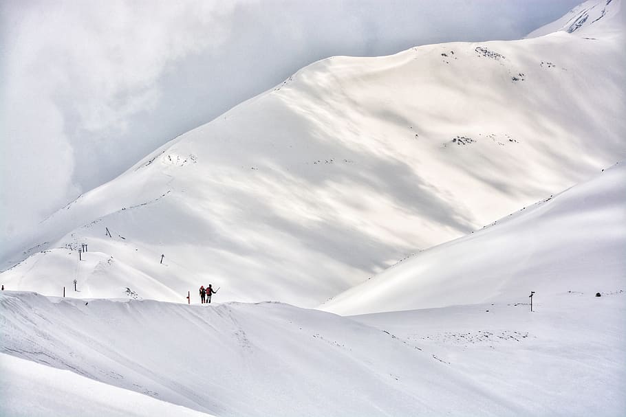 two people on hill mountain covered by snow, peak, cloud, light, HD wallpaper