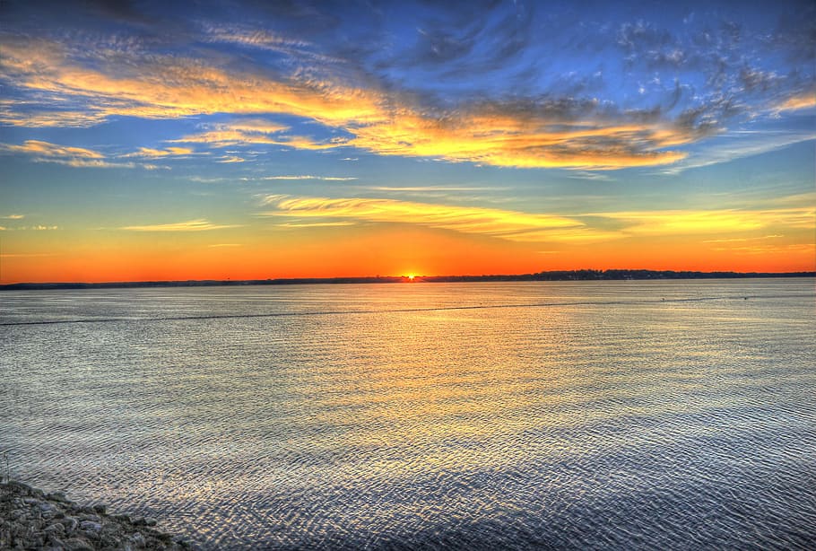 seascape, landscape, clouds, sky, dawn, sunrise, water, hdr HD wallpaper