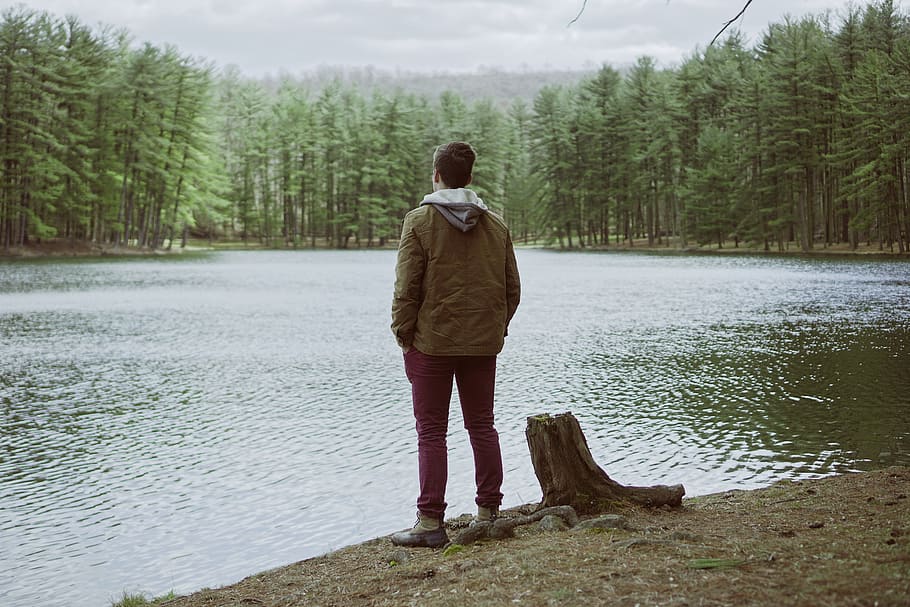 man standing near body of water, human, people, person, lake
