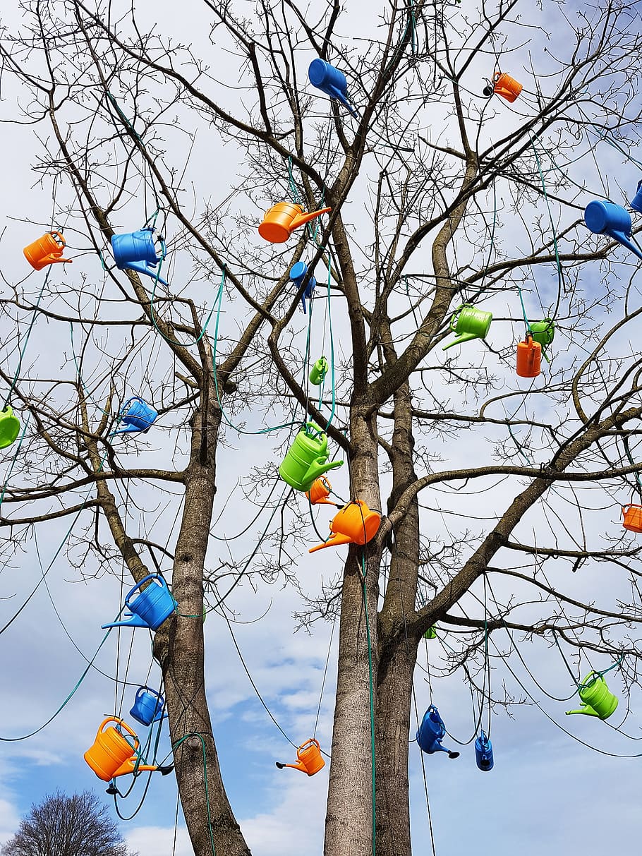 watering cans, advertising, lined up, plastic, goods, colorful HD wallpaper