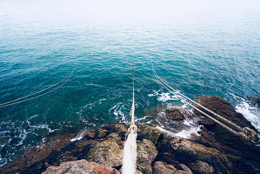 ropes, water, sea, rock, rock - object, solid, nature, high angle view HD wallpaper