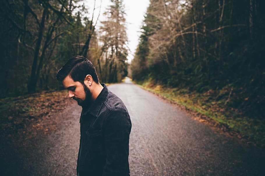 man, road, trees, forest, woods, travel, handsome, beard, style HD wallpaper