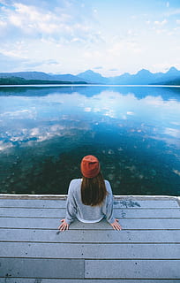 woman sitting in front of calm body of water, person, dock, pier HD wallpaper