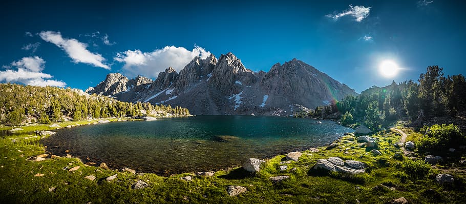 lake near mountain, fishing, camping, hiking, backpacking, backcountry HD wallpaper