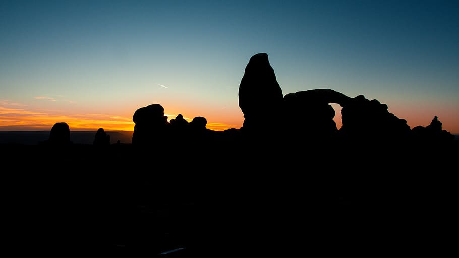silhouette of rock formations, sun, sky, wallpaper, explore, utah