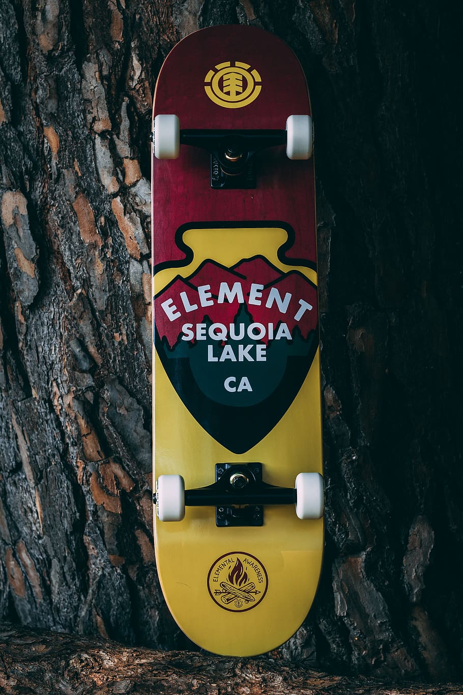 red and yellow Element Sequoia Lake Ca-printed skateboard, sport