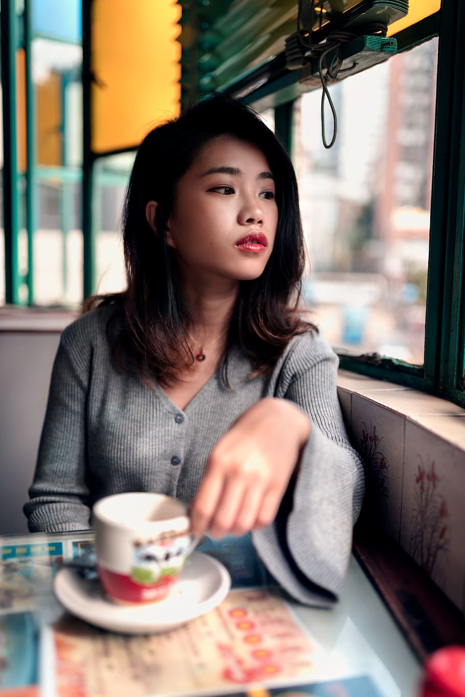Woman Beside Window Holding Mug, coffee, coffee cup, drink, enjoyment HD wallpaper