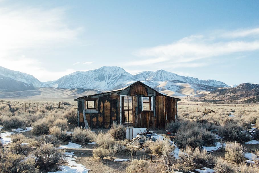 cabin, barn, rustic, hike, outdoors, derelict, mountains, california HD wallpaper