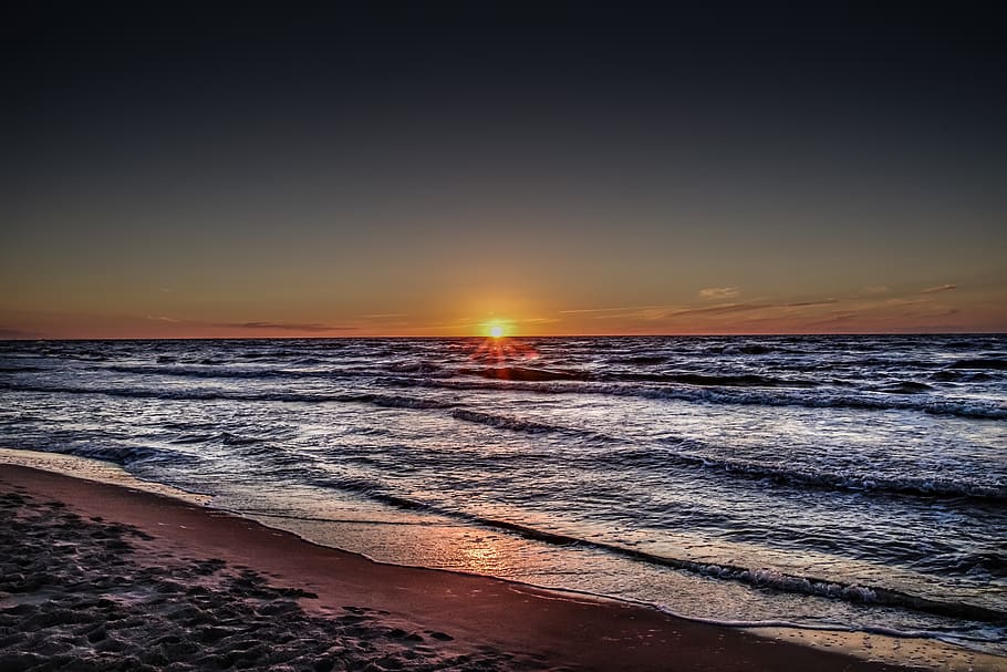 sunset, sea, red sky, orange, the waves, ocean, evening, the coast HD wallpaper