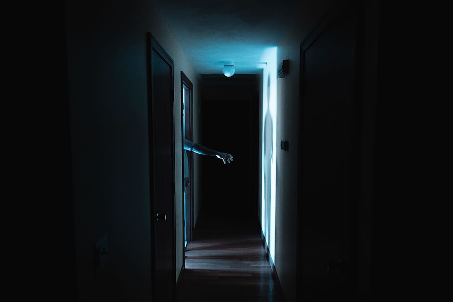 hand near the door, corridor, light, dark, reach, arm, halloween