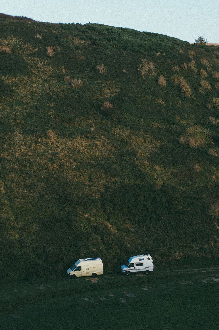 two white vans under mountain, mode of transportation, plant HD wallpaper