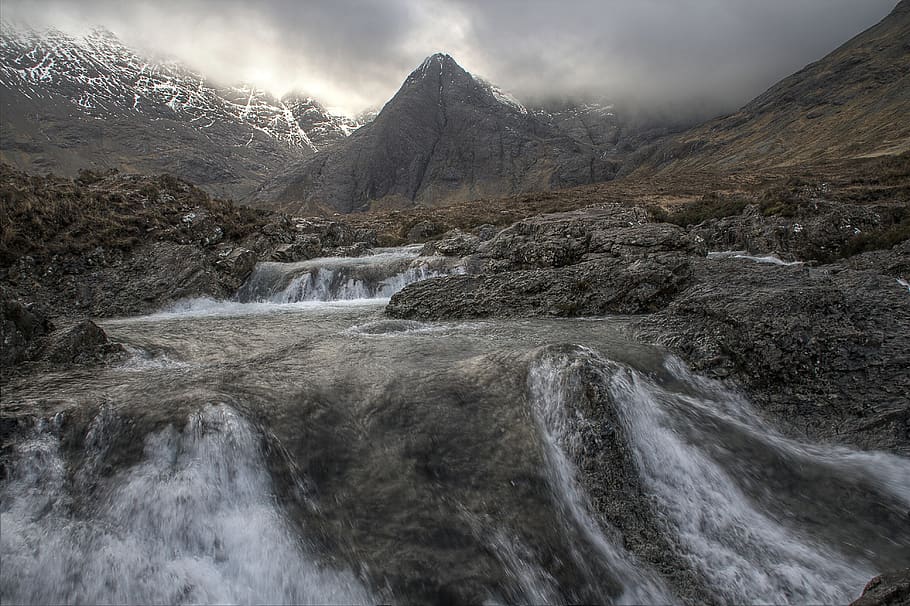 mountain, stream, waterfall, nature, landscape, scenic, river HD wallpaper