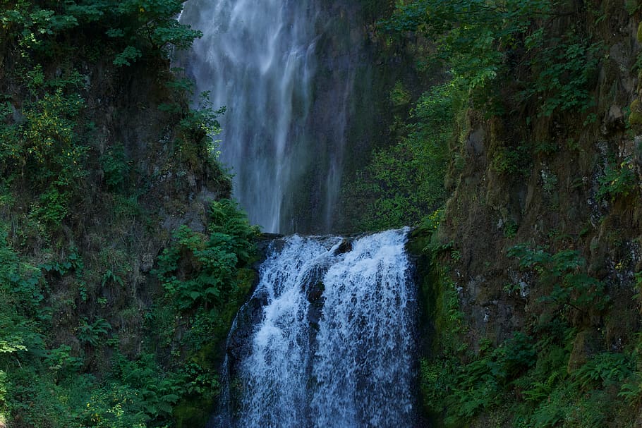 waterfalls between green grass, outdoors, river, nature, leisure activities HD wallpaper