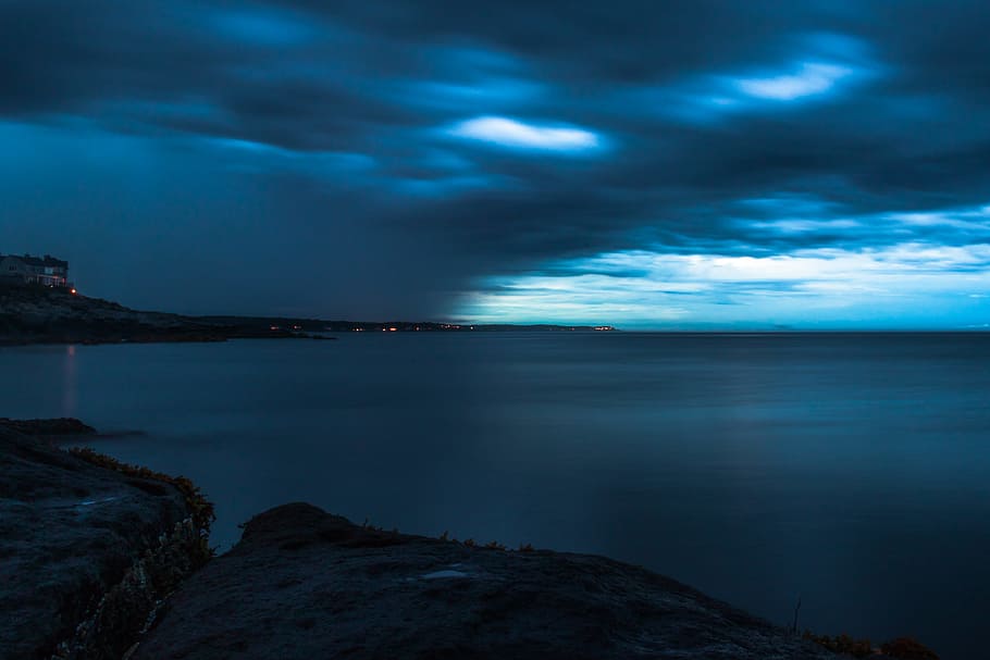 calm waters under cloudy skies, coast, shore, blue, rock, shadow, HD wallpaper