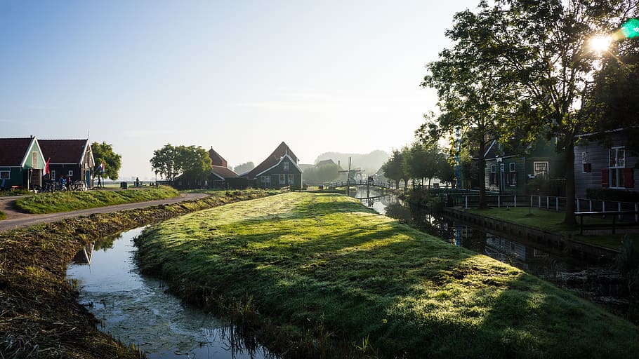 netherlands, kinderdijk, houses, windmills, trees, river, rural HD wallpaper
