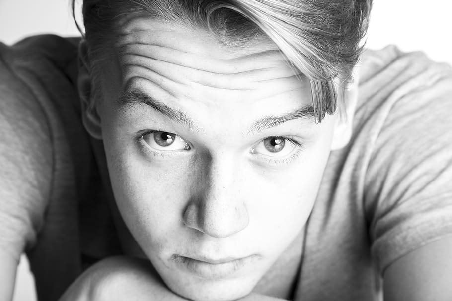 black, white, boy, portrait, one person, headshot, close-up HD wallpaper