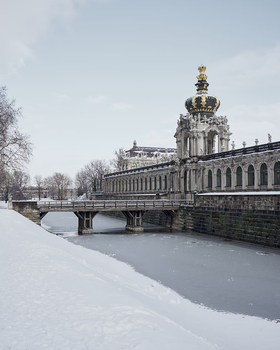 bridge from palace during winter, sky, snow, built structure HD wallpaper