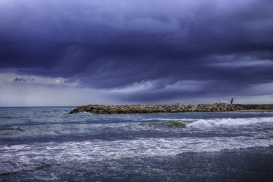 storm, sea, beach, waves, ocean, clouds, marina, landscape HD wallpaper