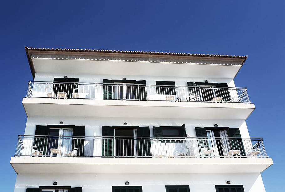 white, house, apartment, balcony, balconies, windows, shutters, HD wallpaper