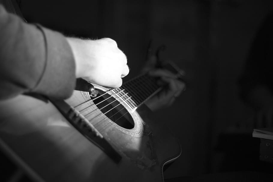 vintage yamaha guitar, acoustic guitar, canon t2i, bandw, black and white, HD wallpaper