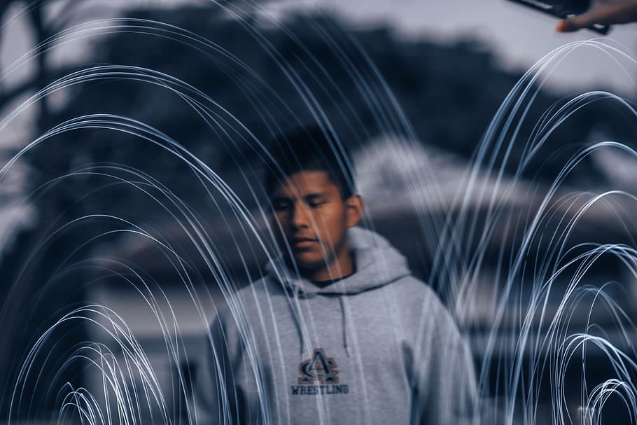 Man Wearing Grey Pullover , light streaks, long-exposure, person HD wallpaper