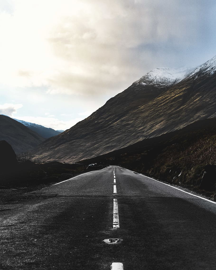 gray concrete road beside mountain, transportation, sky, direction HD wallpaper