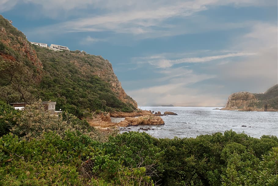 Trees and Mountain Beside Beach, bay, cliff, clouds, coast, daylight HD wallpaper