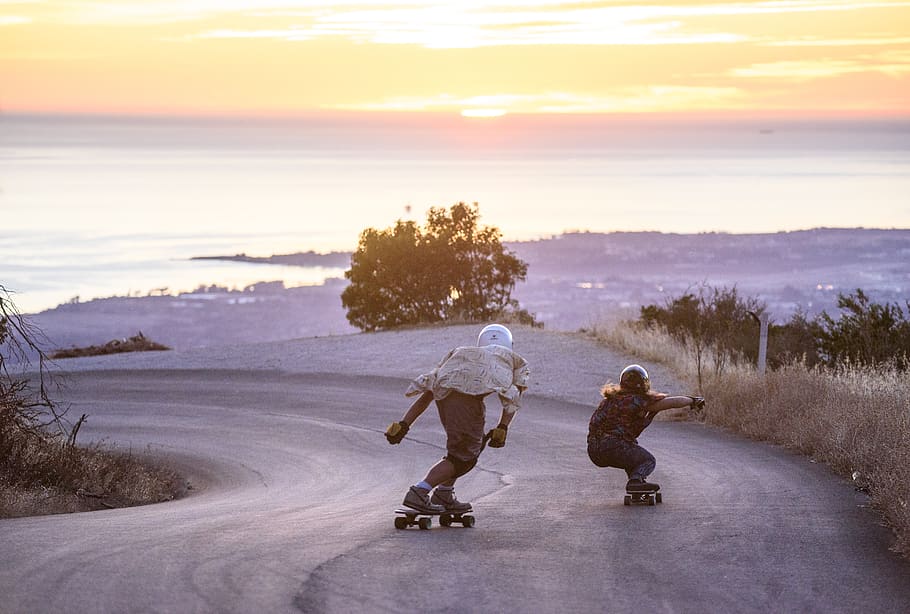 two men skating on downhill, sky, full length, sunset, two people HD wallpaper