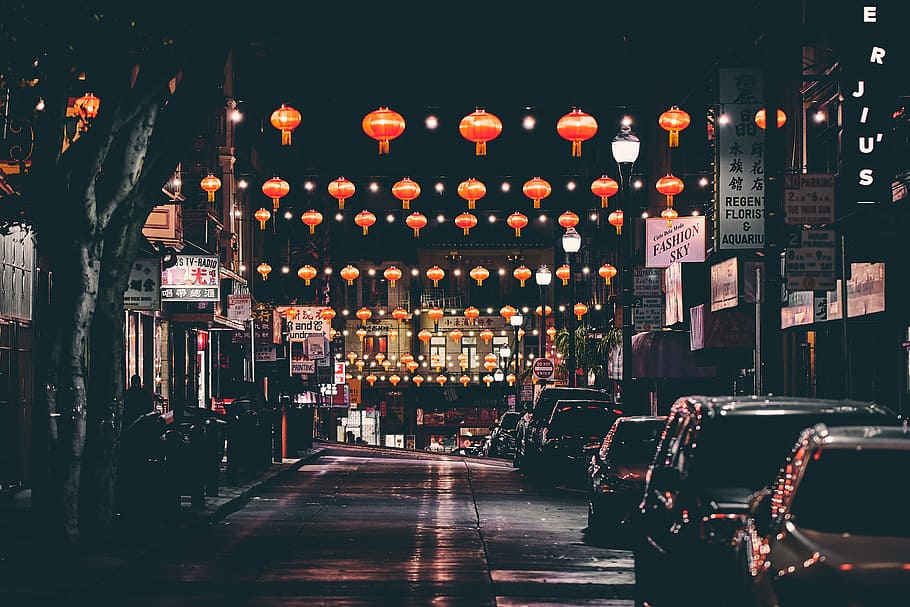 Chinese lanterns on street at night, chinatown, road, car, evening
