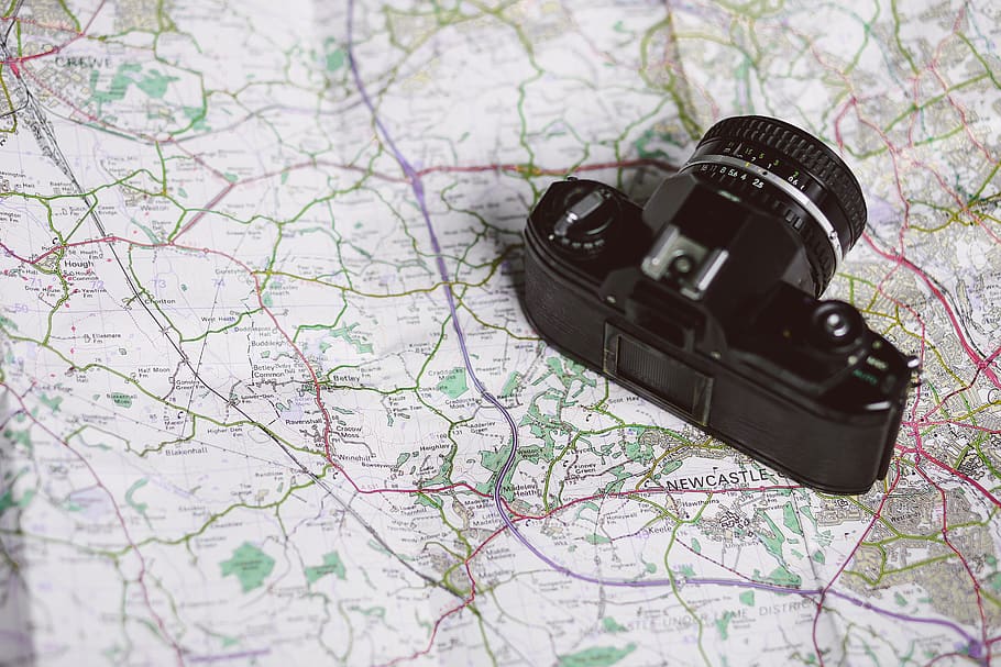 camera, lens, map, no people, high angle view, indoors, close-up HD wallpaper