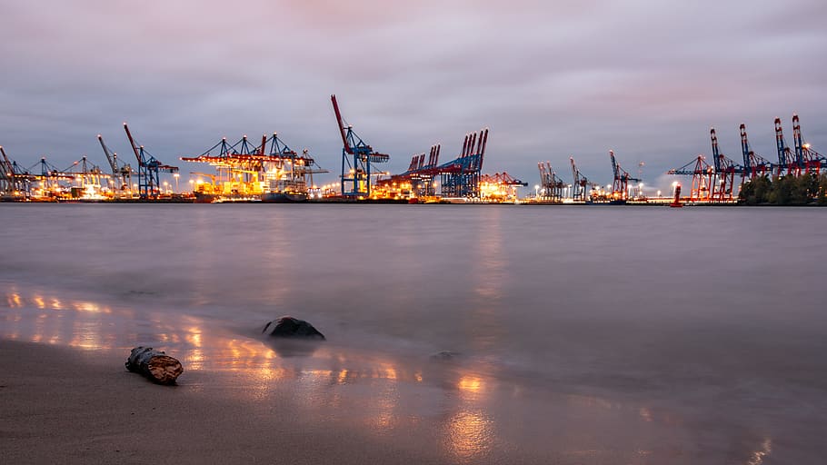 elbe, hamburg, evening, lights, dark, water, maritime, shipping, HD wallpaper