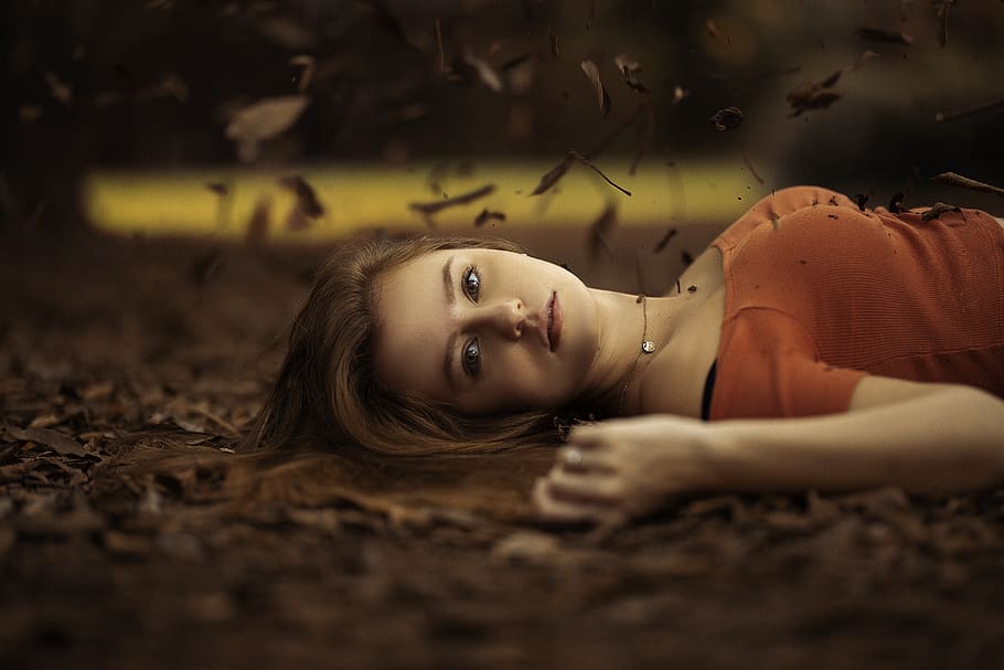 Woman Lying On Ground, attractive, autumn, beautiful, beauty, HD wallpaper