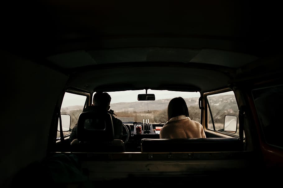 two person sitting inside vehicle, human, car, transportation