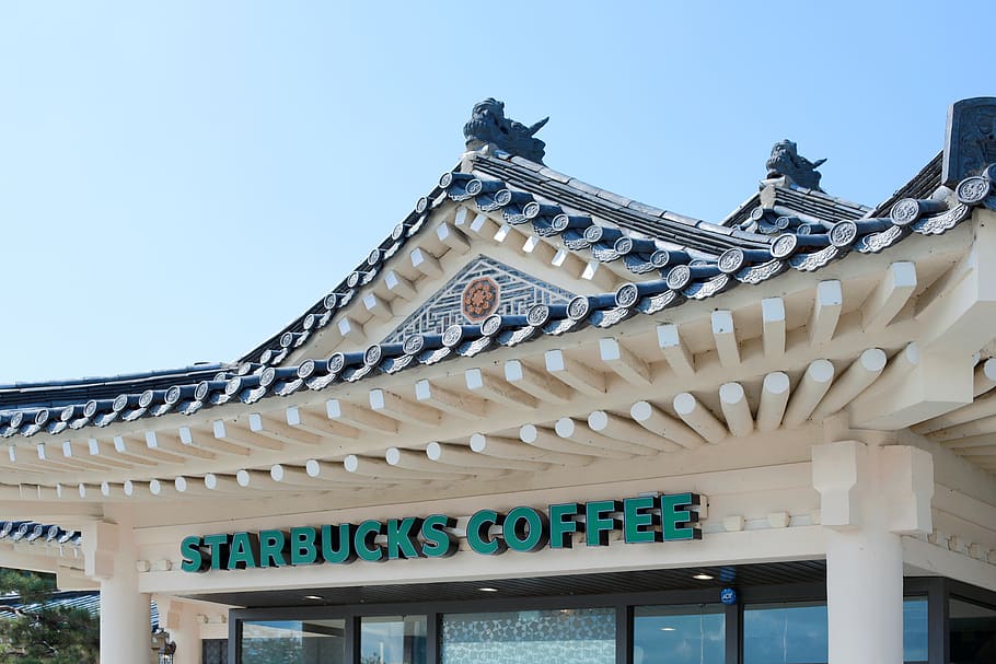 korea, starbucks, coffee, gyeongju, cafe, architecture, built structure