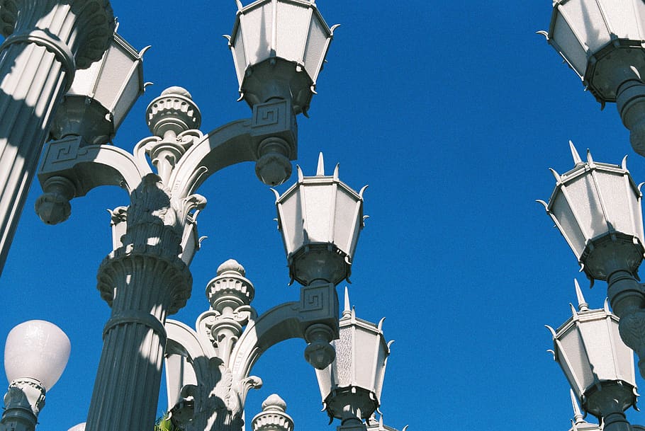 lamp post, architecture, art, light, travel, lacma, shot on film HD wallpaper