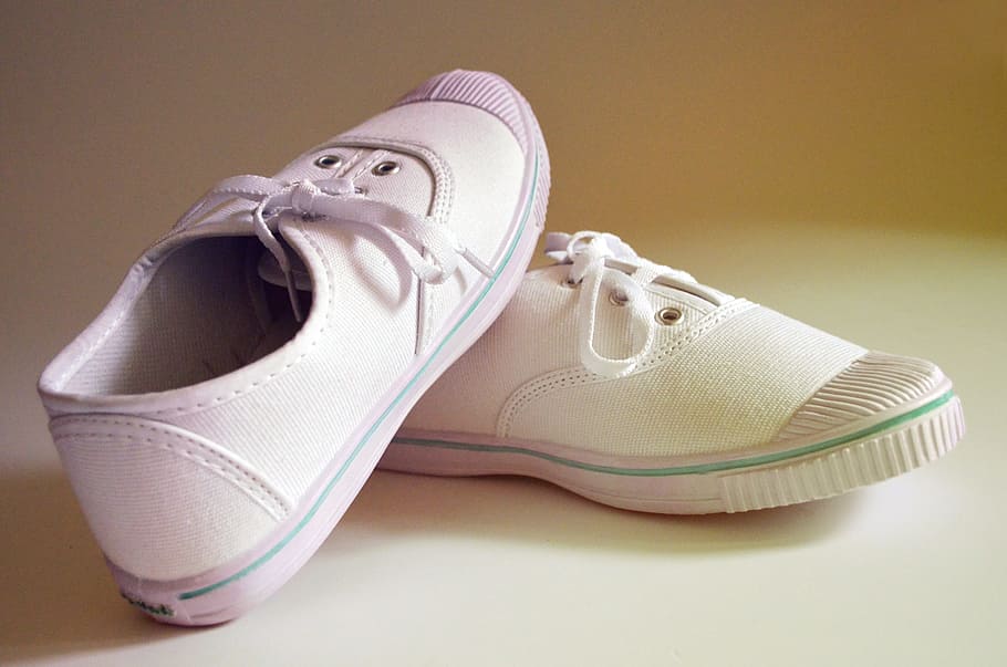 White canvas shoes, accessories, pair, indoors, sports shoe, studio shot HD wallpaper