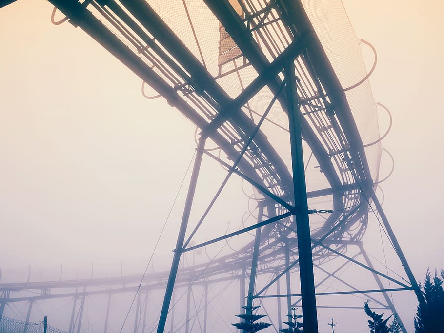 fog covering roller coaster trail, sky, low angle view, built structure HD wallpaper