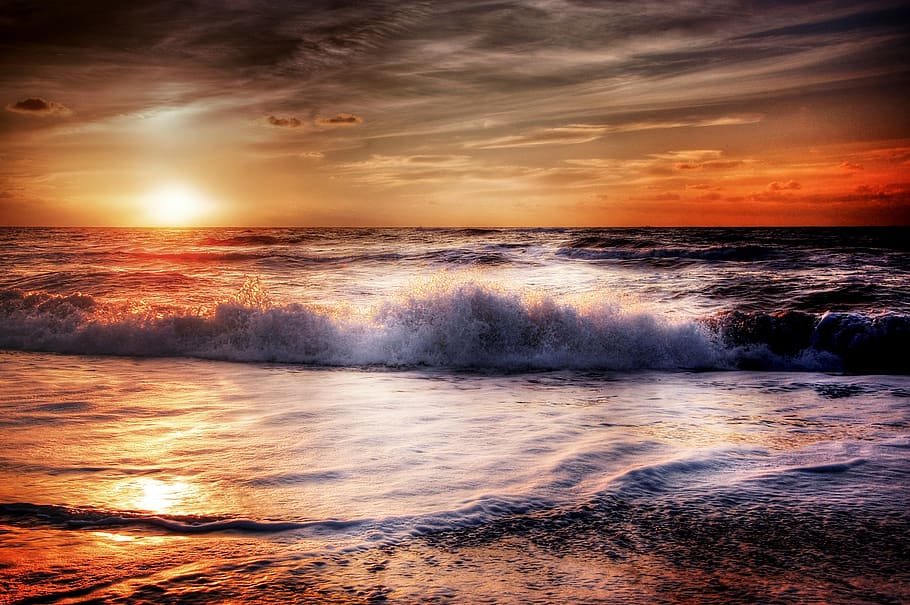 Body of Water during Sunset, beach, clouds, coast, dawn, nature HD wallpaper