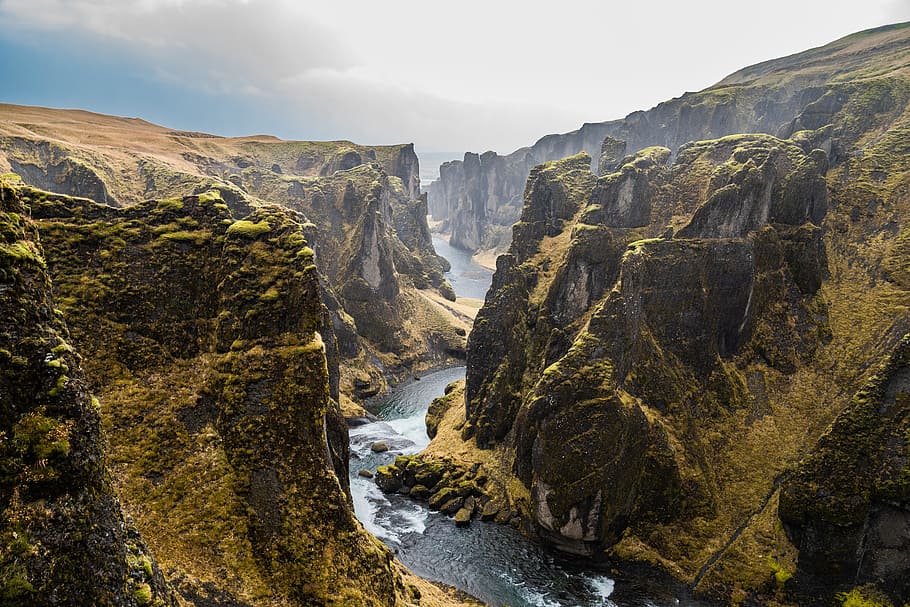 aerial photography of cliffs, nature, mountain, waterfall, scenics HD wallpaper