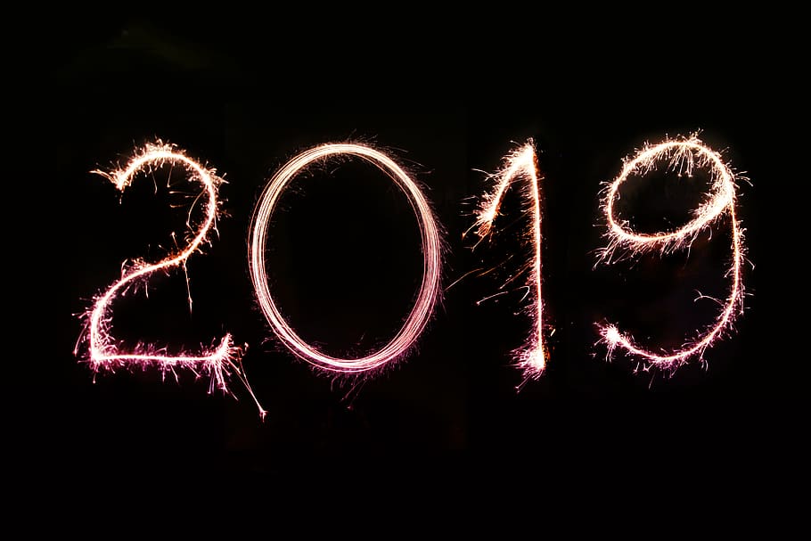 photo of 2019 light art, number, year, spark, glow, sparkler HD wallpaper