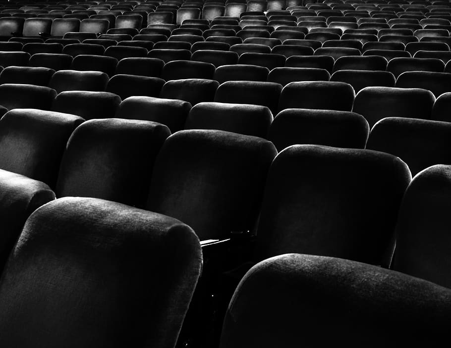 movies, seating, theater, black and white, in a row, empty