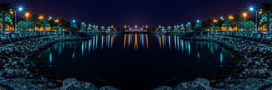 calm water front of street lights at night, nature, outdoors, HD wallpaper